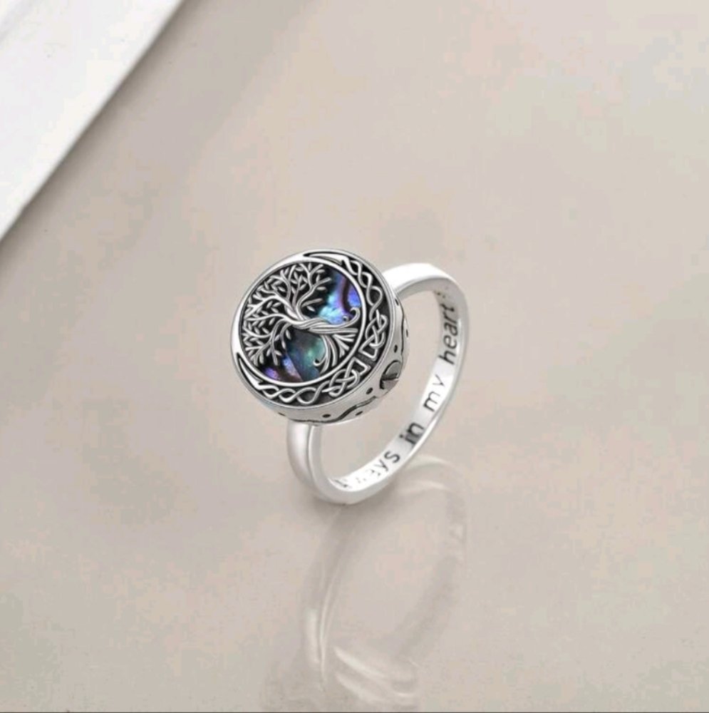 Silver Tree of Life Cremation Ring with Abalone Inlay. - Picture 3 of 6